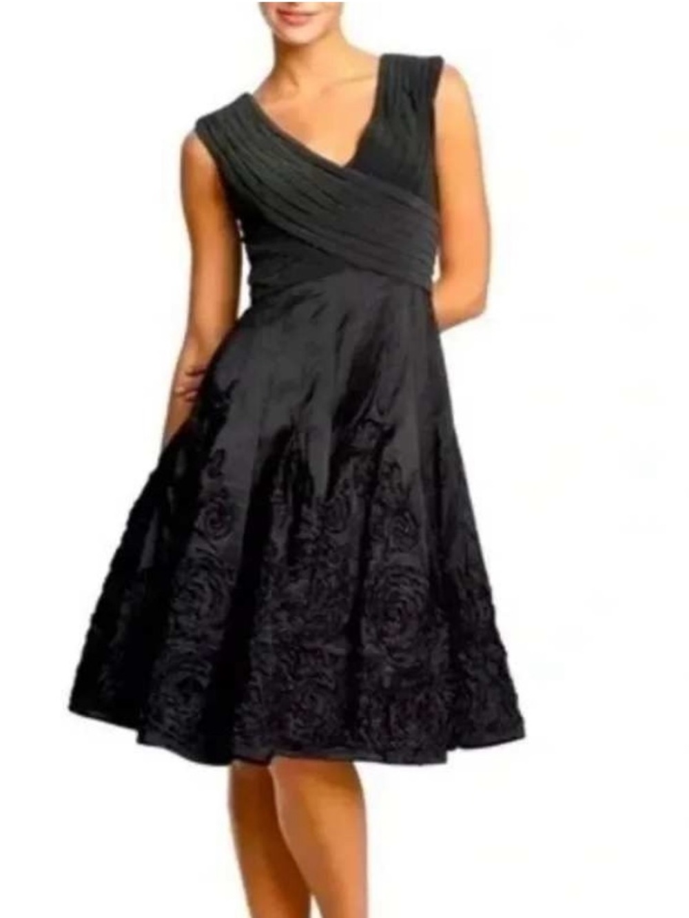 Adrianna Papell Petite Black Midi Dress Embroidered Floral appliqué Pleated Bodi